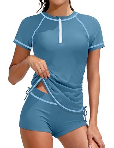 TyeSmo Girls Swimsuits Size 10-12 Rash Guard Swimsuit 2 Piece Girls Bathing Suits Size 10-12 Short Sleeve Solid Color Swimsuit for Girl 10 12 UPF 50+ Sun Protection Zip Padded Swimwear with Shorts 11-12Y