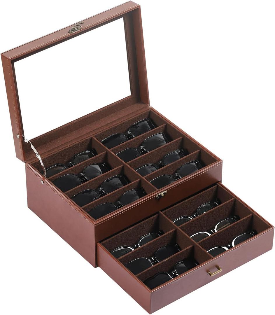 AUTOARK Leather & Velvet Clear Lid 16 Piece Eyeglasses Storage and Sunglass Glasses Display Drawer Lockable Case Organizer,Coffee,AW-173
