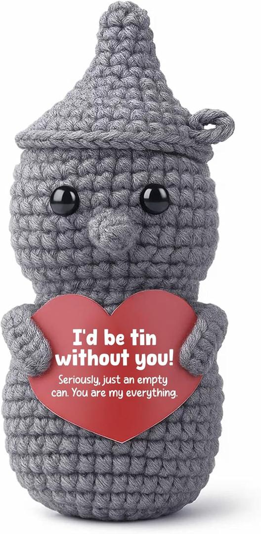 Funny for Him or Her, Crochet Tin Man Plush with I'd be TIN Without You Card - Sentimental Keepsake for Husband, Wife, Boyfriend, Girlfriend - Humorous Handmade