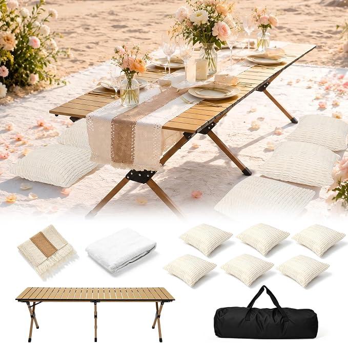Boho Picnic Table Set with Blanket Table Runner Pillow Cover for Gathering
118" x 71" Extra Large White Blanket, Beige Table Runner & 6 Pillow Covers, Essentials for Weddings, Picnics & Camping