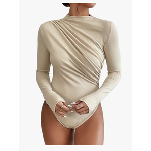 SweatyRocks Women's Bodysuit Mock Neck Casual Ruched Long Sleeve Jumpsuit Size M