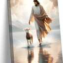 Jesus Walks On Water Canvas Wall Art Christ Saves The Lost Lamb Painting Wall Decor Christian Poster Print Follow Me Artwork Picture Decoration For Living Room Bedroom Church Ready To Hang (24x36in)