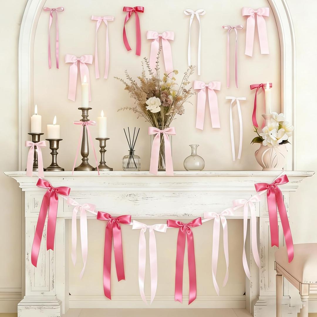 Pink Bow Birthday Decorations for Girls Room, 60PCS Pink Ribbon Bows Wall Decor, 5 Sizes Bow Wall Decor, Gift Wrapping, Garland Wreath, Wedding Party, Valentines Day, Baby Shower Decor