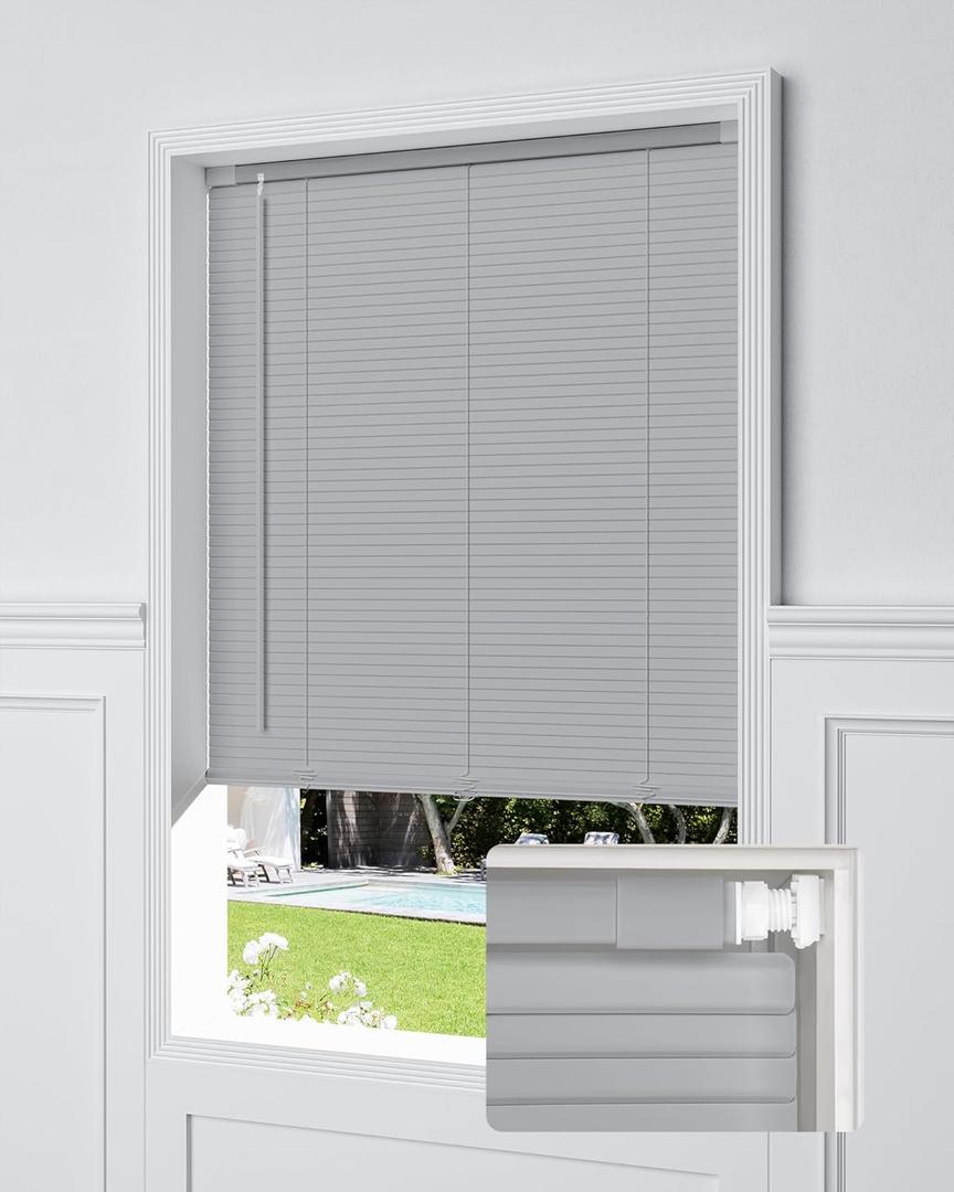 No Drill Blinds for Windows 1" Vinyl L-Shaped Slats Cordless Mini Blinds for Home, for Window Size 28" W  48" H Grey
