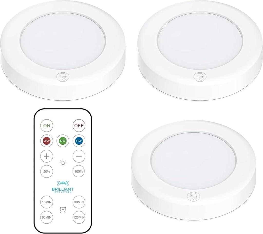 Brilliant Evolution Wireless LED Puck Light 3 Pack - Works with Remote Control - Under Cabinet, Closet Light - Battery Powered - Under Counter Lighting - Stick On Lights (Pack of 3 (Batteries Not Included))