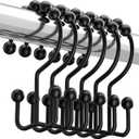 Titanker Black Shower Curtain Hooks Rings, Rust-Resistant Metal Double Glide Shower Hooks for Bathroom Shower Rods Curtains, Set of 12 Hooks - Matte Black