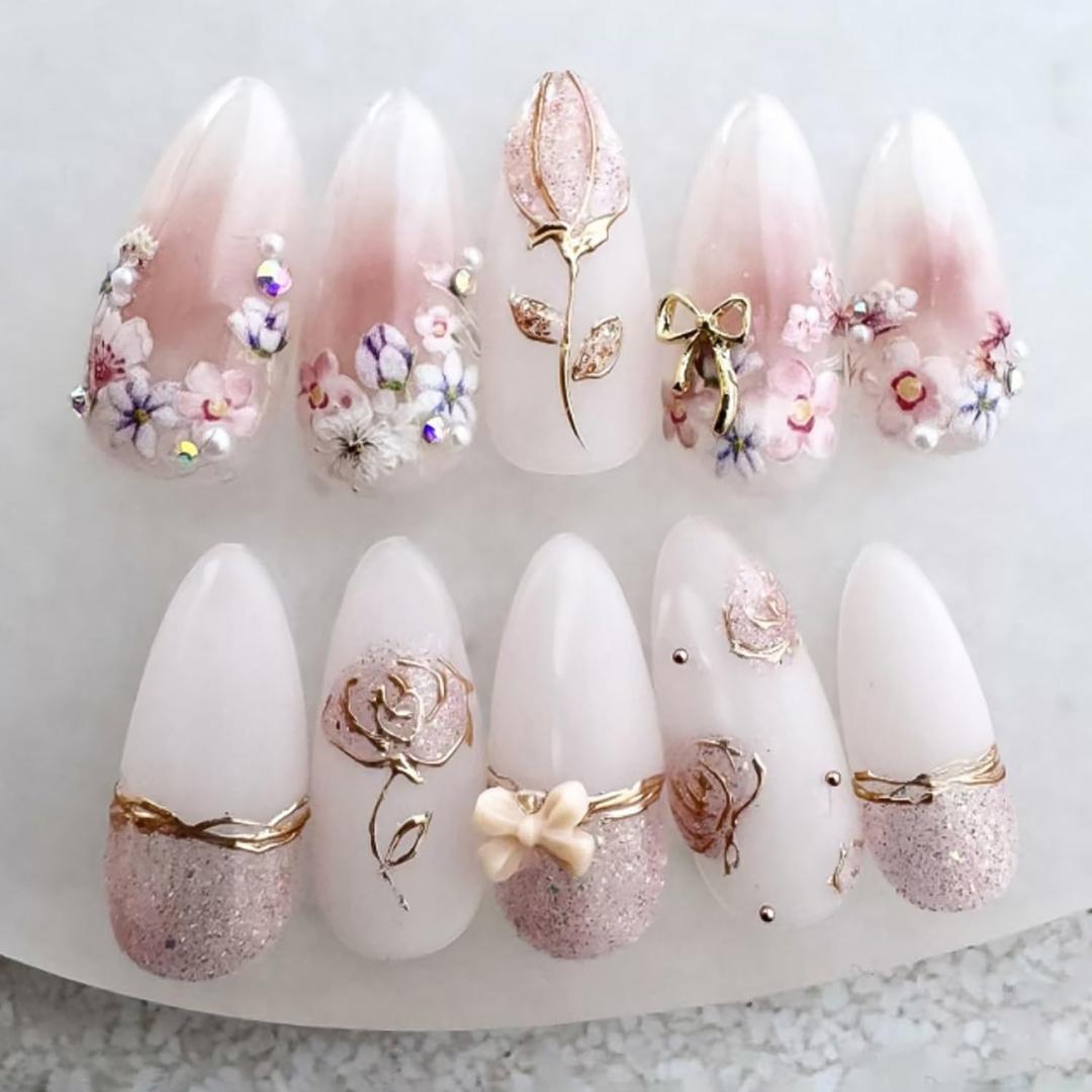 24Pcs Flower Press on Nails Medium Almond Fake Nails with Bow Rhinestones Designs Pink Acrylic Nails Glitter Glue on Nails Cute Floral False Nail Rose Flowers Stick on Nail for Women Nail Supplies