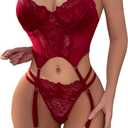WDIRARA Women's 3 Piece Floral Lace Underwire Garter Lingerie Bra and Thong Set, Small, Burgundy Solid