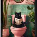 Black and White Bathroom Pictures Wall Decor, Funny Black Cat Sitting on Toliet Reading Newspaper Funny Bathroom Wall Art, Framed Animal Canvas Print Artwork for Room Decor,8''x10'',Framed