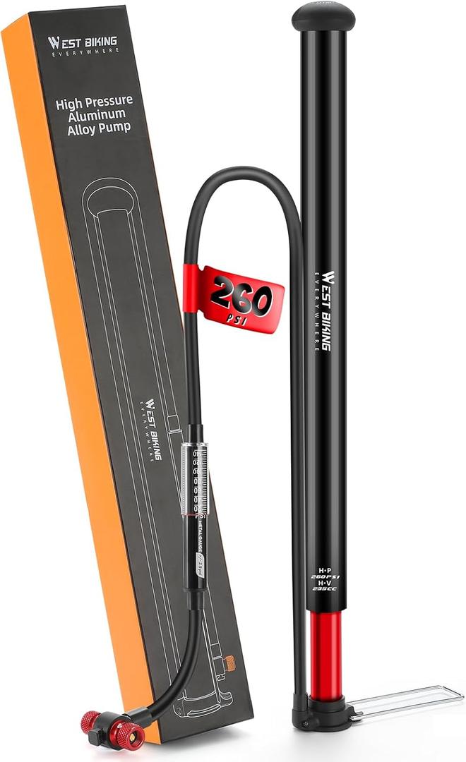 WEST Biking Updated Bike Pump with Gauge, High Pressure 260Psi, Bicycle Floor Pump Inflator for Road Bike MTB (Black)