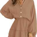 ARTFREE Women's Long Lantern Sleeves Mini Dress V Neck Button Down Ruffle Tiered Swing Fall Casual Dress (Large, Khaki)