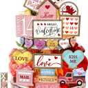 24 Pcs Vintage Farmhouse Valentine's Day Tiered Tray Decor Set Heart Wooden Valentine Table Centerpieces Love Heart XOXO Wooden Signs for Home Decor