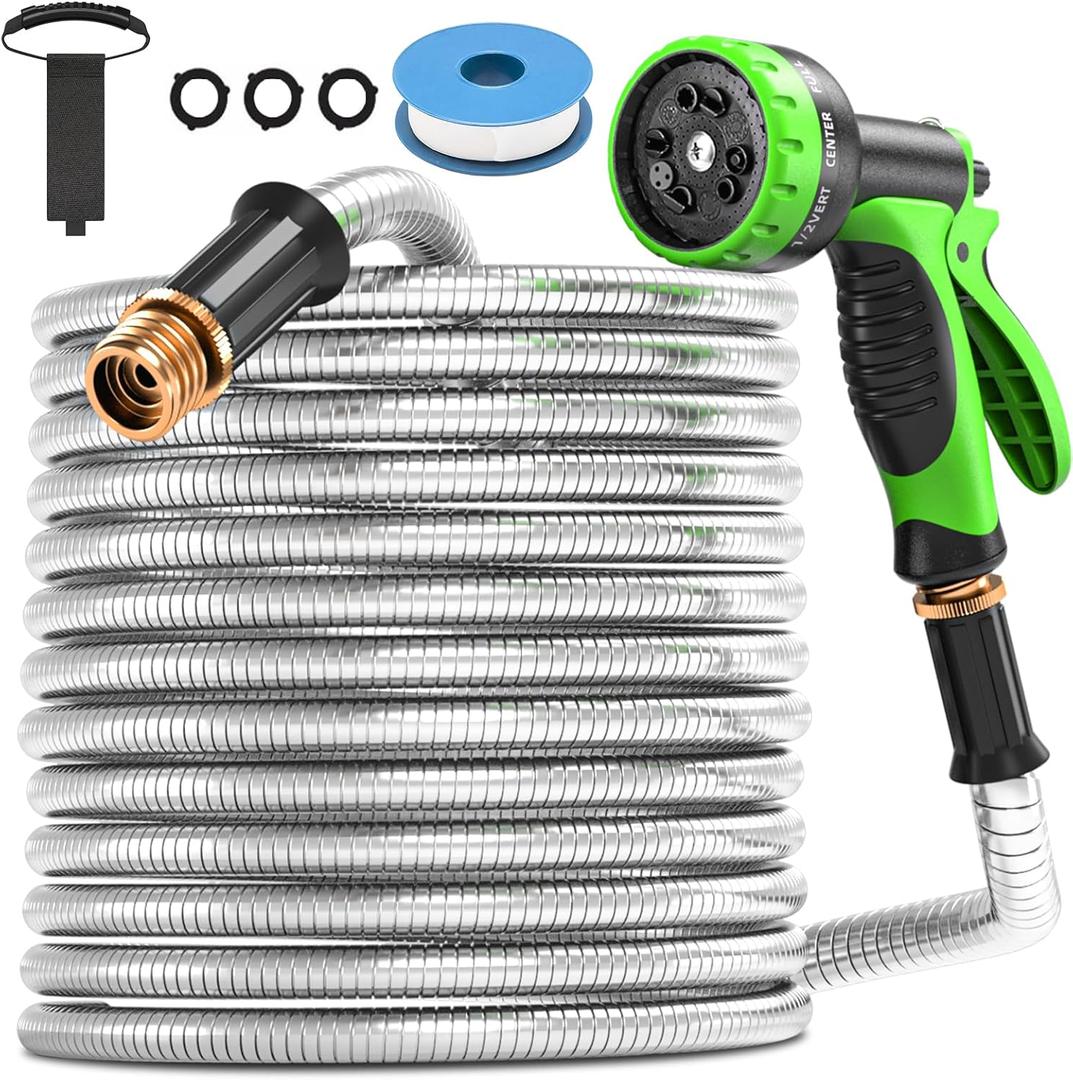 GARDENWORK Water Hose 50 FT,Stainless Steel Garden Hose with 10 Function Nozzle Flexible,Metal Garden Hoses with Leak-Proof Connectors,Flexible Hose,Waterhose for Outside