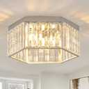Crystal Brushed Nickel Flush Mount Ceiling Light, 3-Light Chrome Light Fixture Ceiling Mount, Ceiling Light with Hexagon Crystal Cage, Luxury Chandeliers for Living Room/Entryway/Bedroom/Closet Light