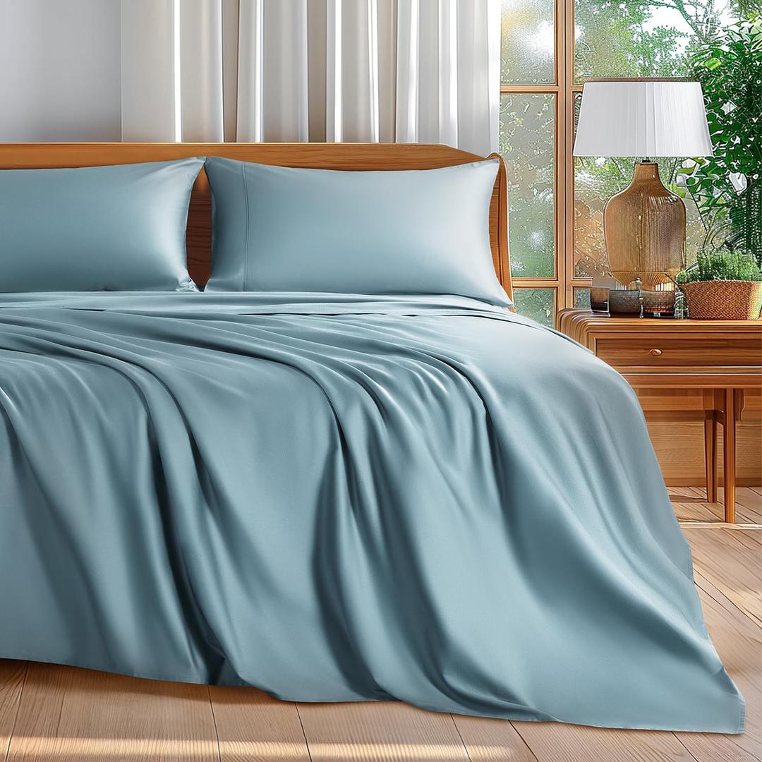 Shilucheng 100% Cotton King Size Sheets Set - 600 Thread CountLuxury Egyptian Cotton Bed Sheets5-Star Hotel Quality Sheets, Breathable & Cooling, 16 Inch Deep Pocket - 4 Piece (French Blue, King)
