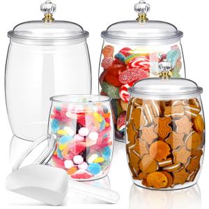 Nuogo 4 Pcs Plastic Candy and Cookie Jars with Lids Clear Cookie Container Candy Jars Large Airtight Apothecary Storage Organization for Wedding Home Kitchen Bar(42/64/90 oz)
