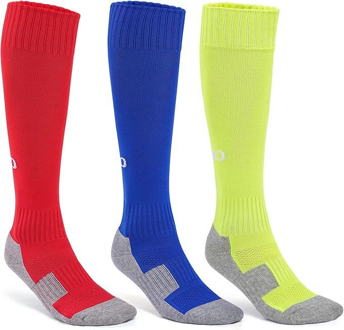 likloks Light Compression Socks (815 mmHg)  Cushioned, Arch Support, Breathable  Sports Knee High Socks Red/Yellow/Blue  3 Pairs, S/M