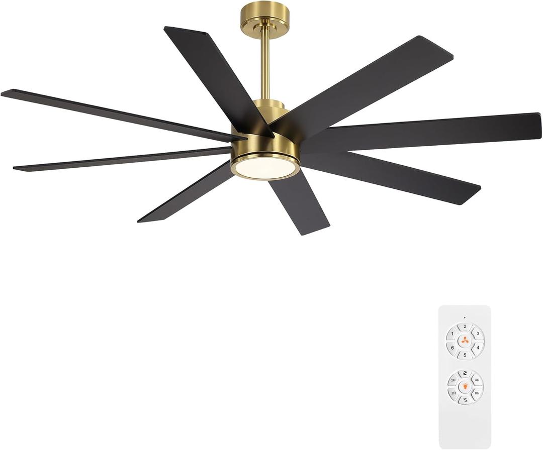 WINGBO 72" Large DC Ceiling Fans with Lights and Remote, 3 Downrods, 8 Plywood Blades, 6-Speeds Reversible DC Motor, 3CCT, Indoor Ceiling Fan for Bedroom Living Room Patio, Brass and Black