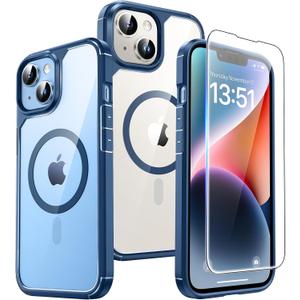 TAURI 3 in 1 Magnetic for iPhone 14 Plus Case, Compatible with Magsafe [Yellowing Resistant] with 2X Screen Protector, [Military Grade Protection] Slim Case for 14 Plus - Blue