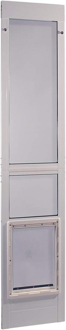 IDEAL PET PRODUCTS Since 1979 Ideal Pet Modular Aluminum Pet Patio Door with Single Pane Glass and Clear Flexible Flap. Fits up to 1 Aluminum Patio Track Width ONLY, Extra Large, White, Extra Large, 10.5" x 15" Flap Size
