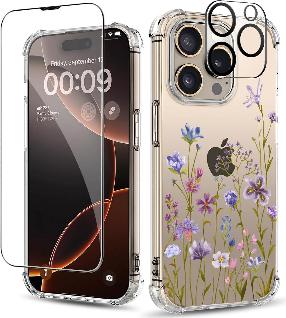 for iPhone 16 Pro Max Case,[3 in 1] with Screen Protector & Camera Lens Protector,Flower Pattern Design,Clear Soft Shockproof Slim Floral Phone Cover for Women Girls 2024 6.9"(Violets)