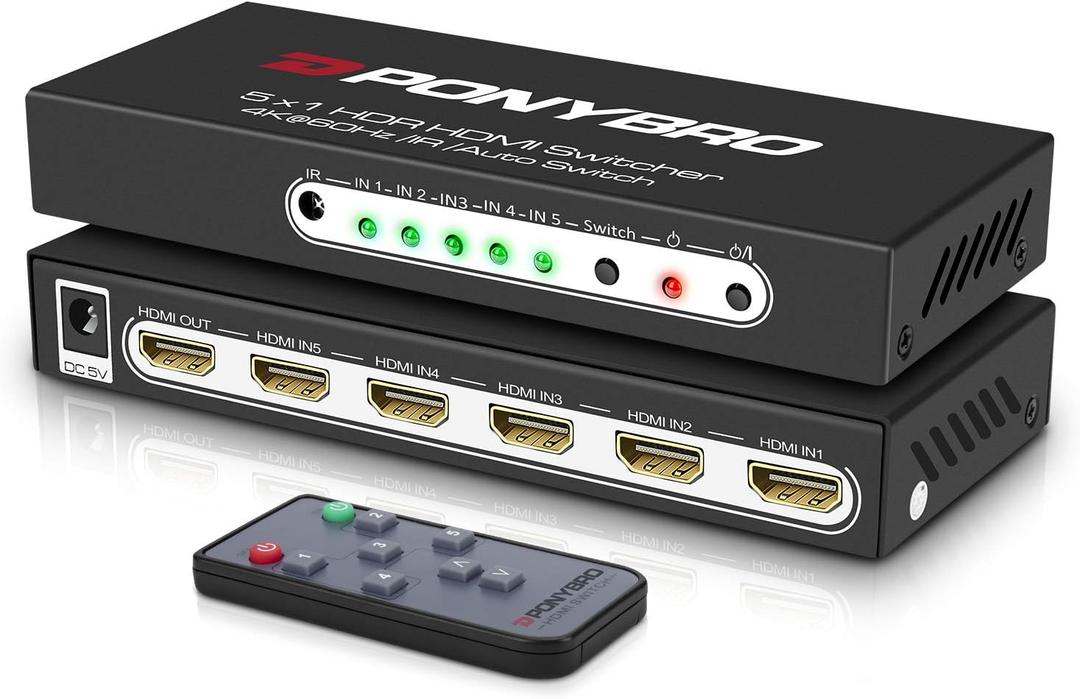 HDMI 2.0 Switch 5 Port 4K@60Hz Auto-Switching  5 in 1 Out with Remote, HDR10, 3D, Ultra HD for PS5/Xbox/PC/Fire TV, Zero Delay (Matte Black)