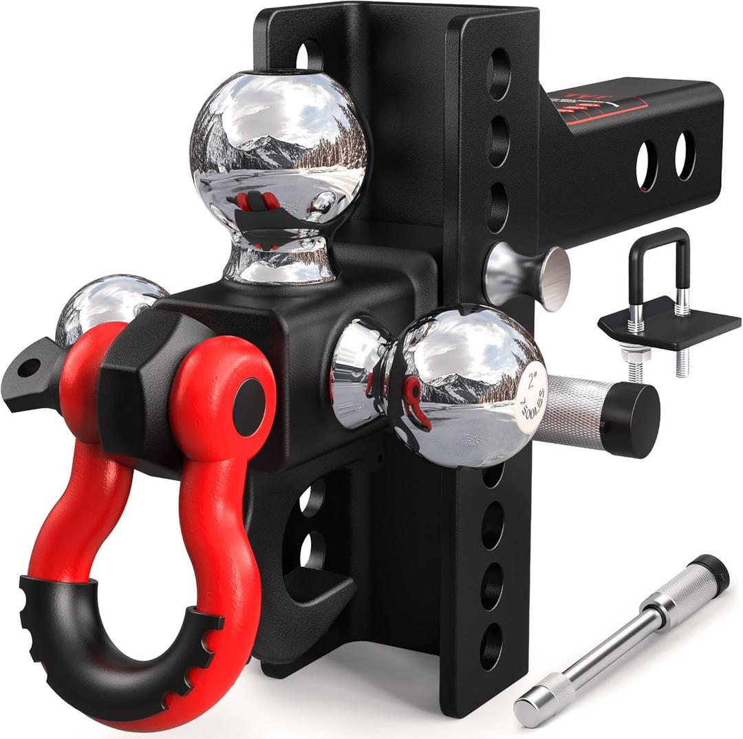 TYT Adjustable Tri-Ball Trailer Hitch for 2 inch Receiver, 4.5" Drop/Rise, Triple Balls (1-7/8", 2", 2-5/16") with Tow Hook & Shackle, 10,000 lbs GTW, 1,000 lbs TW, Pin Lock & Hitch Tightener
