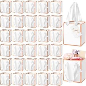 Yeaqee 50 Pcs Mini Metallic Paper Gift Bags with Handles 4x2.75x4.5'' Tiny Small Gift Bags with Thank You Tag for Wedding Graduation Birthday Party Return Gifts Jewelry Business (White,Rose Gold)