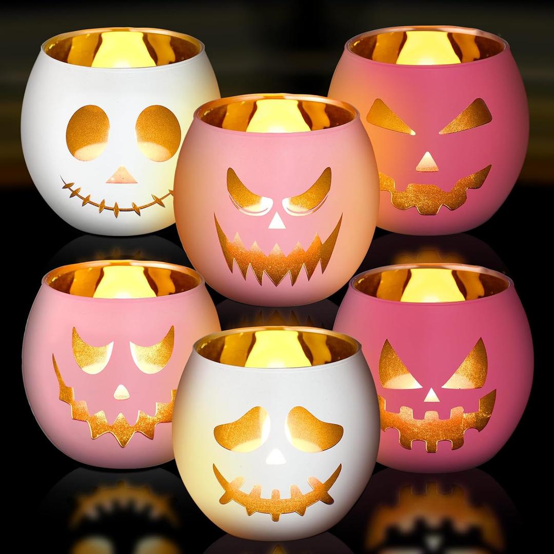 6 Pcs Pink Ghost Halloween Centerpieces Decor Votive Candle Holder Glass Pink and White Jack O Pumpkin Votive Holder Flameless Candles with 6 Laser Engraving Patterns for Party Decor