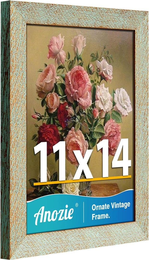 11x14 Picture Frame, Vintage Picture Frames 11x14 Plexiglass Glass for Wall Display, Rustic 11 x 14 Photo Frame Antique Gold Green, Widen Border