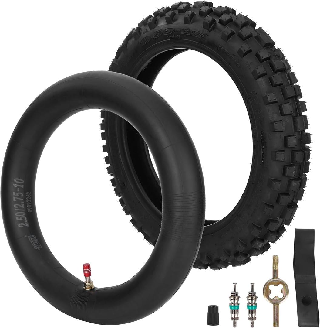 2.50-10 Tire and Inner Tube with TR4 Valve Stem for CRF50/XR50 DRZ70/JR50 PW50 Coolster QG-210 QG-213A MX650 MX500 Baja Dirt Runner 49 CR60R SX500 Dirt Rocket QG-210 MVX70 MVX110 Tao db10 PW50