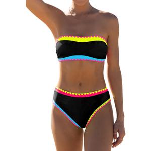 popvil Women's Strapless Bikini Sets Neon Color Block Bandeau Swimsuits Two Piece Bathing Suits for Beach Vacation 2025 (Medium, Black2)