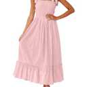 ZESICA Women's 2025 Summer Boho Spaghetti Strap Square Neck Solid Color Ruffle A Line Beach Long Maxi Dress,Pink,Medium