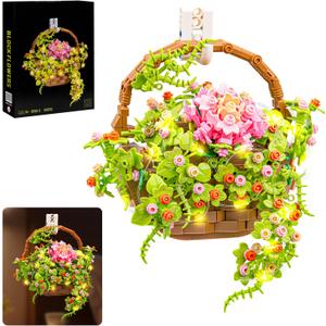 SATHIBI Flower Bouquet Building Set, Flowers Basket Bonsai Plants with Light, Botanical Collection Wall Decor, Creative Building Toy Gift for Adults (691 PCS)