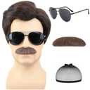 Short Brown Men Wig with Mustache and Sunglasses for 70s 80s Costume Cosplay Halloween Party