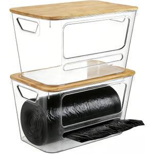 Trash Bag Dispenser, 2 Pack Extra Large Acrylic Trash Bag Holder with Bamboo Lid, Stackable Garbage Bag Holder Dispenser for Kitchen, Trash Bag Organizer for Under Sink, Bathroom, Laundry Room