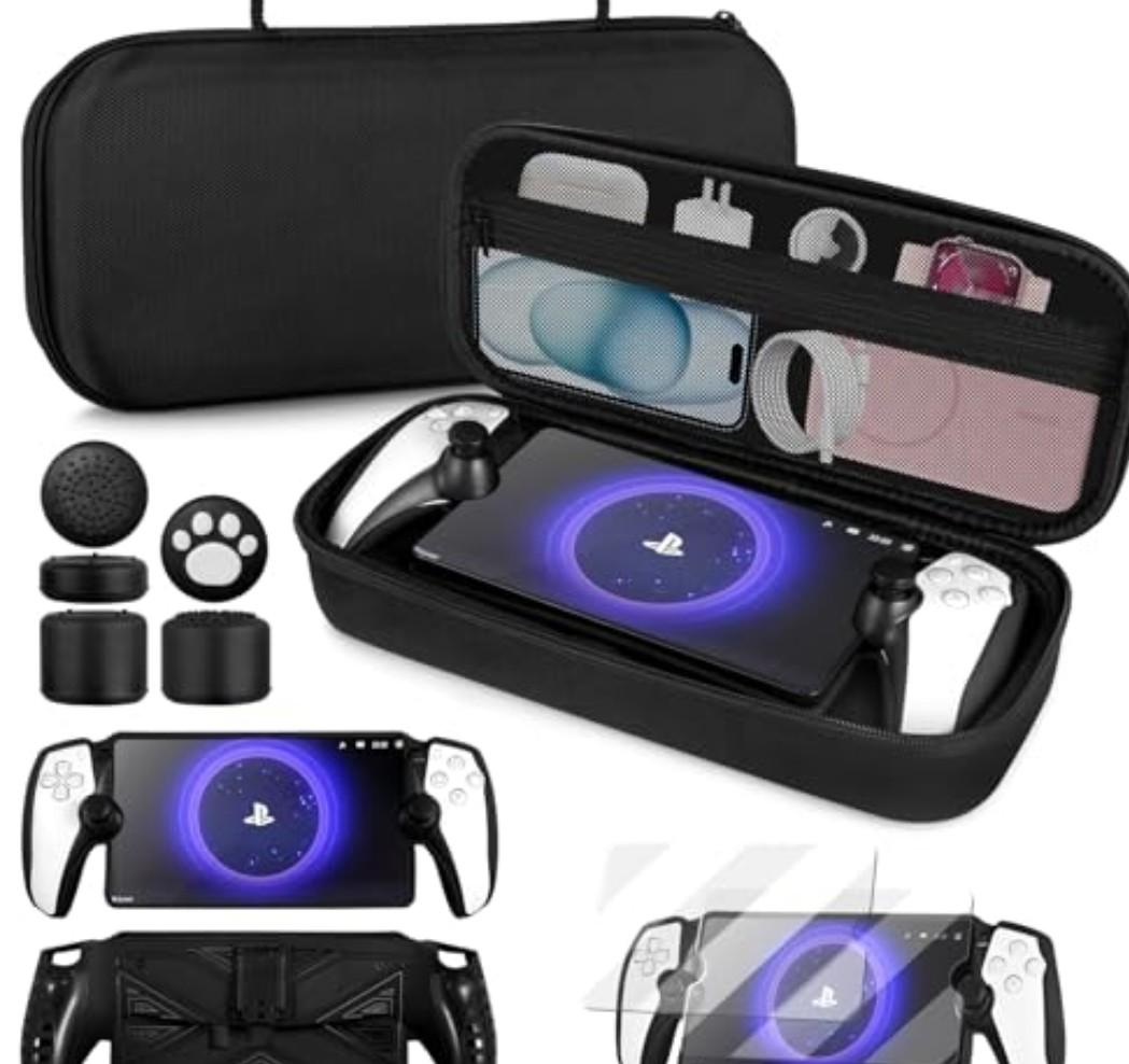 4 in 1 Accessoris Set Compatible with Playstation Portal, EVA Hard Carrying Case for PS5 Portal, Silicone Protective Cover,2 Pcs Screen Protector,10 Thumb Grip Caps,Ps Portal Accessories Black