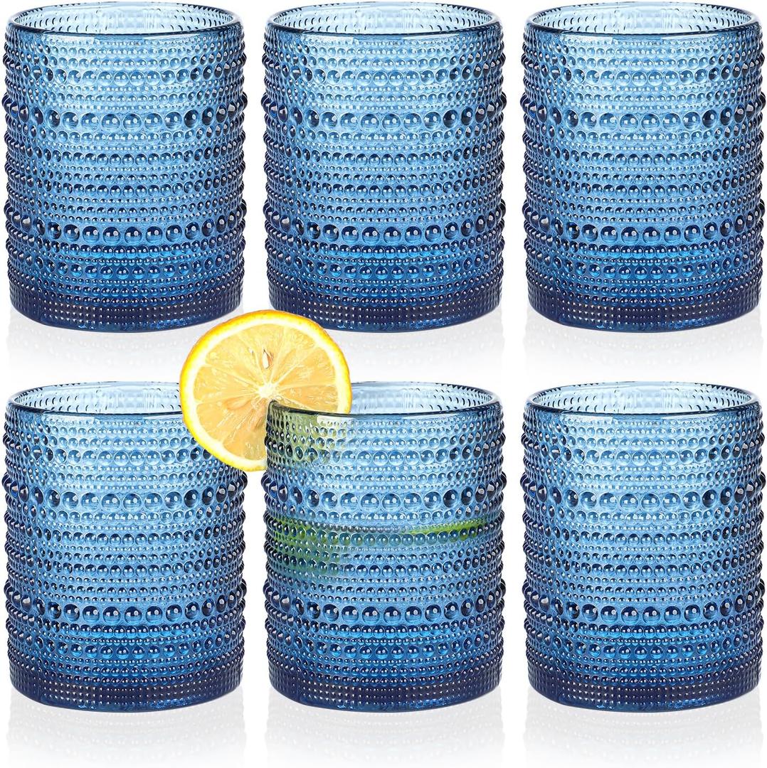 Hobnail Drinking Glasses Set of 6,12oz Blue Vintage Glassware,Cocktail Glasses,Embossed Glass Cups,Water Tumbler for Whiskey, Juice and Various Mixed Drinks