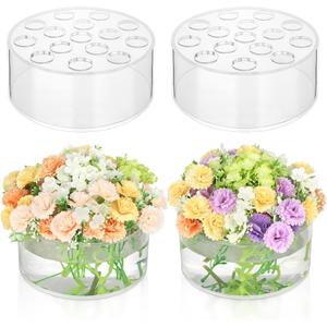 4 Pack Clear Acrylic Flower Vase Circle Floral Centerpiece Dining Table, 5.9 Inch Wedding Round Flower Vase, 15 Holes Modern Acrylic Low Vases with Holes