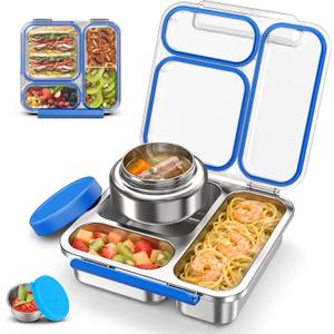 Stainless Steel Bento Box Kids Adult with 7oz Soup Thermo, Transparent Lid 3 Compartments Metal Bento Lunch Box with Insulated Food Jar,Lunch Box Container Sauce Cup for School,BPA-Free (Blue)
