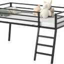 Lutown-Teen 43 inch High Twin XL Loft Bed, Low Junior Metal XL Twin Loft Bed with Stairs and Safety Guard, Noise Free for Small Bedroom, Black