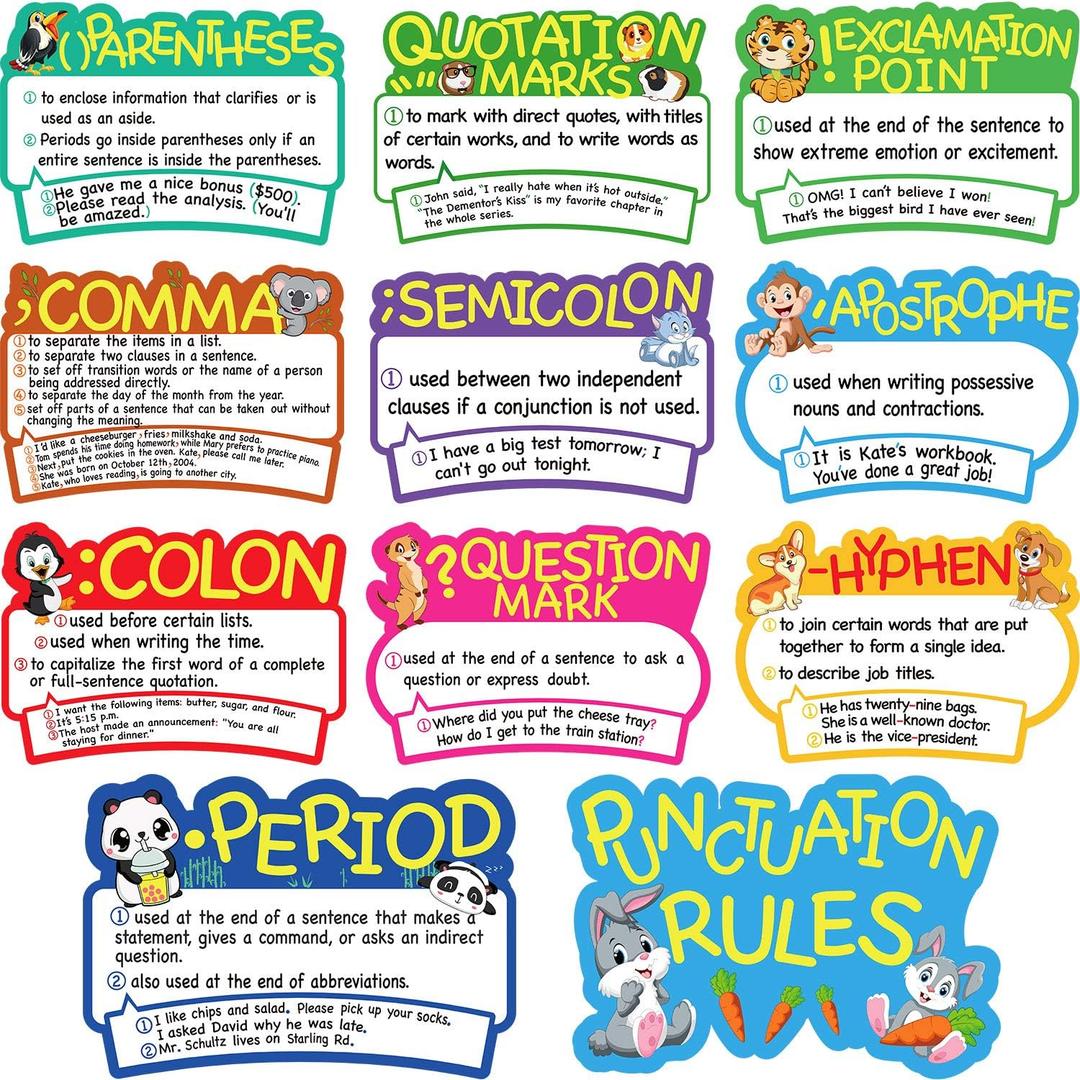 11 Pieces Punctuation Rules Poster Educational Punctuation Poster Punctuation Cutouts Bulletin Board Set with 100 Glue Point Dots for Student Classroom School, 16.5 x 11.5 Inches
