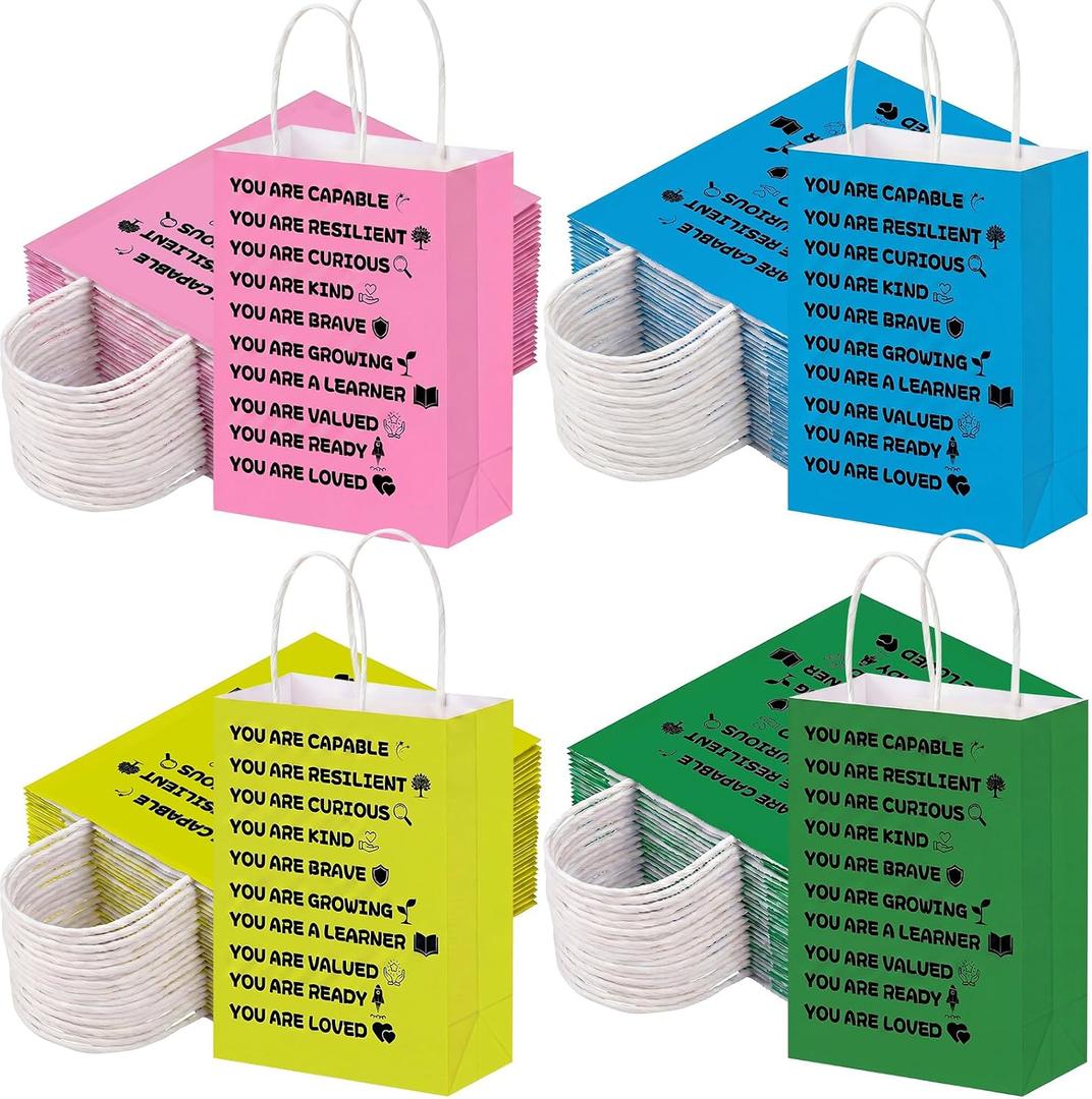 Sweetude 48 Pcs Back to School Paper Gift Bags with Handles for Students Bulk Colorful Motivational Paper Bags for Primary School Classroom Prize Sunday Gift Kindergarten Preschool, 4 Colors, 1 Count
