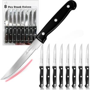 Upgraded Steak Knives Set of 8, Uncoated Stainless Steel Serrated Steak Knife Set, 4.5 Inch Steak Knife with Ergonomic Handle and Sharp Blades, Dishwasher Safe Dinner Knives for Kitchen, Restaurant