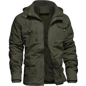 Mens Jacket Winter Casual Fleece Lined Cotton Thick Military Tactical Hooded Work Coats with Cargo Pockets 2XL