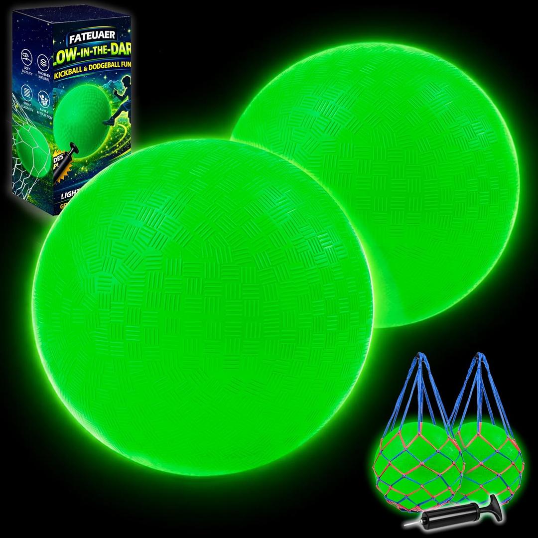 Glow in The Dark Ball 2 Pack, 8.5 Inch Light Up Kickball Playground Ball with 2 Mesh Bags & Hand Pump,No Battery Needed,Charge by Sunlight or Indoor Light, Green Luminous Rubber Bouncy Balls,Gift Box