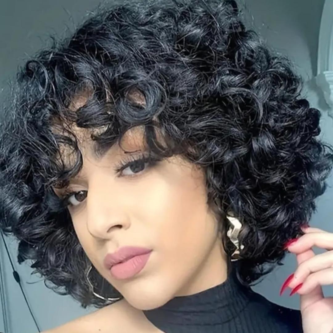 Short Curly Human Hair Wigs for Black Women Glueless Bouncy Curly Bob Wig With Bangs Big Curl Natural Looking Human Hair Wig for African American Women 8 Inch