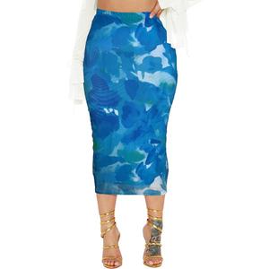 Women's Floral Print Mesh Long Skirt High Waisted Bodycon Pencil Maxi Skirts (Medium)