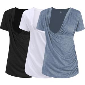 Liu & Qu Women's Maternity Nursing Tops, Layered Wrap for Breastfeeding, V-Neck Short Sleeve Tee Shirts 3 Packs (XX-Large, Black/White/Light Blue)