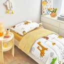 Flysheep 4 Piece White Toddler Bedding Set for Baby Girls and Boys, Cute Animals Printed - includes Quilted Comforter, Flat Sheet, Fitted Sheet & Pillow Case, Soft Microfiber
